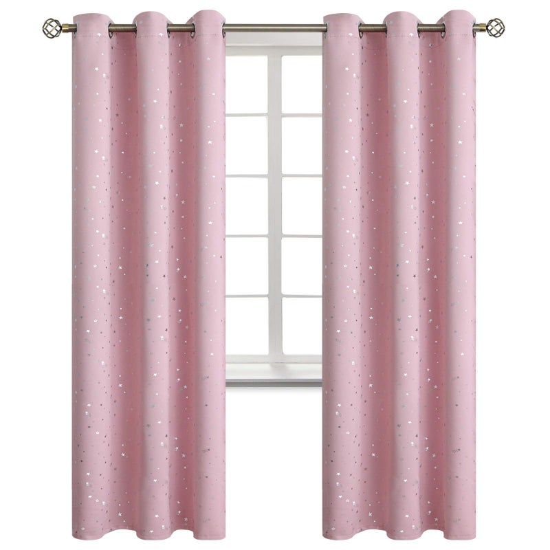 BGment Kids Blackout Curtains for Bedroom - Grommet Thermal Insulated Silver Star Print Room Darkening Curtains for Kids Room, Set of 2 Panels, 42 x 84 Inch, Baby Pink - Image 1